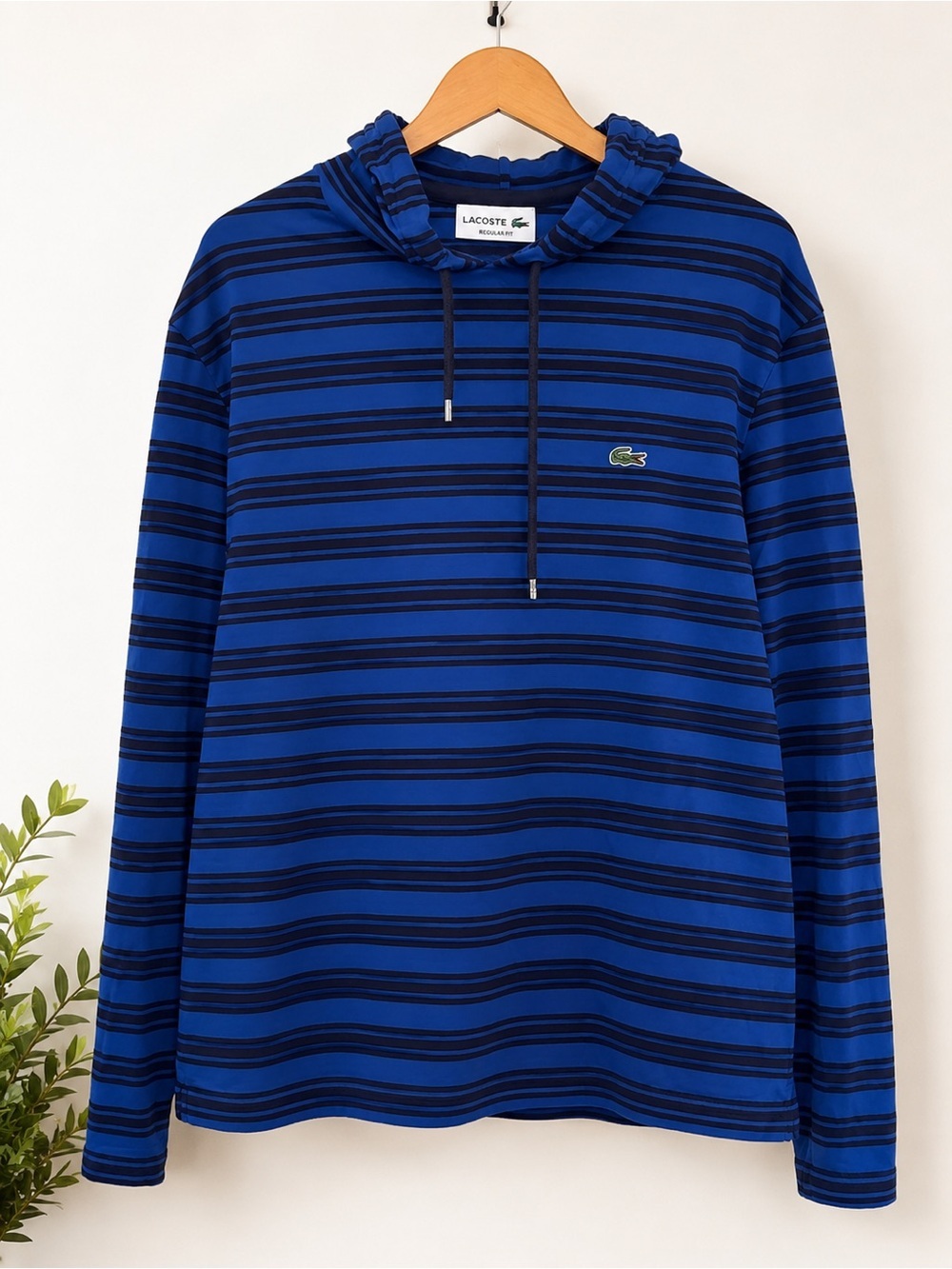 Lacoste Blue Striped Lightweight Hoodie – Men's L – Regular Fit